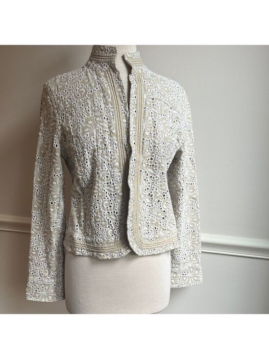 Chico's Jackets & Blazers - Chico's linen cream tan all over embroidered jacket tab collar Size 1 EUC